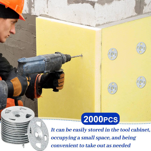 Worker fastening foam board with Snag This Pro Grade Bulk Pack Of 2000 Galvanized Steel Washers Sized At 1-1/8 Inches.