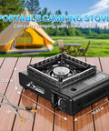 Three Fuel Portable Camping Stove With Wind Blocker For Any Adventure A 3 In 1 Propane Butane Isobutane Stove on wooden table
