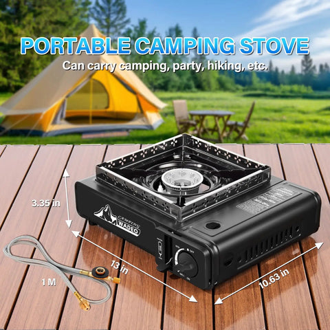 Three Fuel Portable Camping Stove With Wind Blocker For Any Adventure A 3 In 1 Propane Butane Isobutane Stove on wooden table