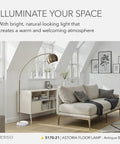 Arc Floor Lamp With Marble Base And Antique Brass Finish 3 Way Dimming For Your Living Room And Bedroom beside a sofa