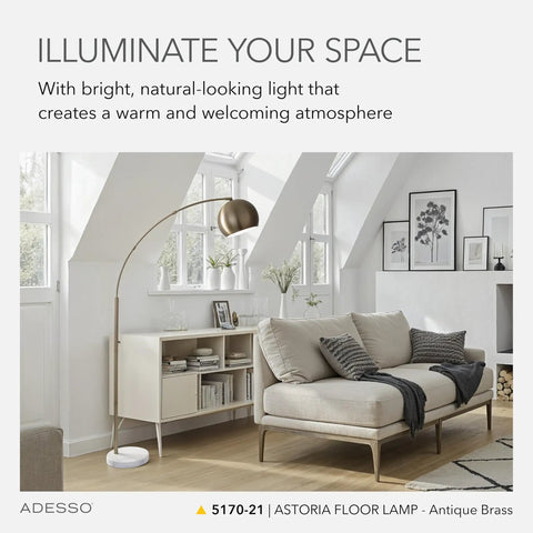 Arc Floor Lamp With Marble Base And Antique Brass Finish 3 Way Dimming For Your Living Room And Bedroom beside a sofa