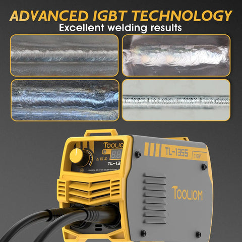 Close-up of 135 Amp 110V Mini MMA Arc Welder with digital display showing welding results for mild steel and stainless using 6011 6013 electrodes.