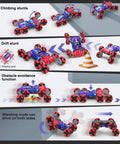 8WD Gesture Sensing RC Car With Spray Lights showcasing climbing, drifting, obstacle avoidance, and dual-side driving features.