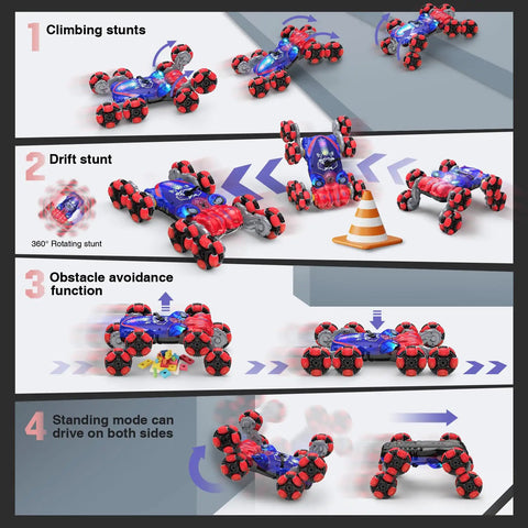 8WD Gesture Sensing RC Car With Spray Lights showcasing climbing, drifting, obstacle avoidance, and dual-side driving features.
