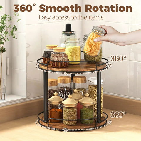 10.2 Inch Wood Lazy Susan Turntable Organizer For Cabinet And Countertop 2 Tier Spice Rack with jars and hand turning it