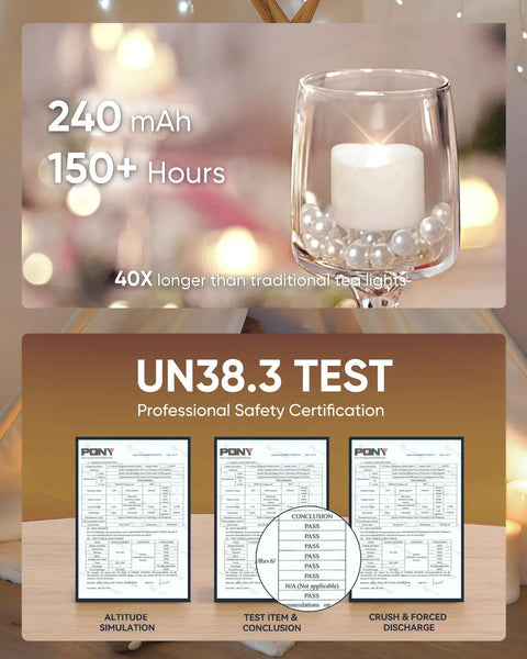 Display of Flameless Tealight Candles With Remote Timer Battery Operated 12 Pack Warm White in glass holder with safety test results.
