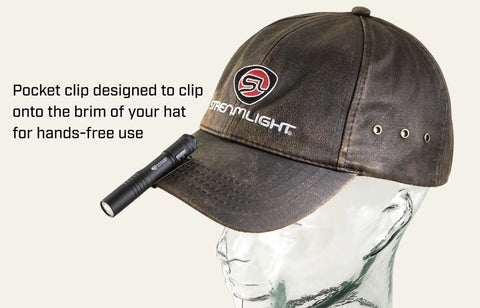 MicroStream 45 Lumen Everyday Carry Pocket Flashlight clipped on hat brim for hands-free use