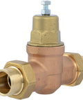 Front view: pressure regulating valve, 1-inch sweat connections, copper body with brass unions and metal top