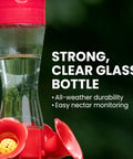 Glass Hummingbird Feeder With Four Flower Ports And Comfortable Perches, 8 Oz Nectar Capacity, featuring a strong, clear glass bottle.