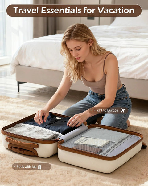 Six-piece beige-brown ABS+PC hardshell luggage set opened for packing; spinner wheels.