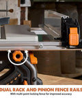 Close-up of 10 Inch Jobsite Table Saw With Wheeled Scissor Stand 15 Amp Motor Multi Material Cutting showing precision fence.