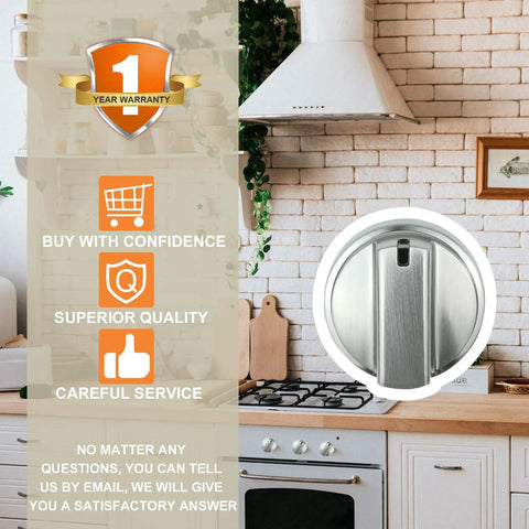 Stainless Steel Gas Stove Knob Replacement 5 Pack Fits Compatible Ranges D Shaped Hole 0.59 Inch Deep 15mm Bold Off Lo 1 2 3 4 5 6 7 8 9 Hi Lite Markings Durable Not Universal Stove Knobs highlighted next to a modern kitchen setting.