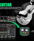 Guitarist using 4 Channel Audio Mixer With Dual Wireless Microphones Bluetooth MP3 USB Interface 48V Phantom Power Echo Equalizer Killer For Home Karaoke Parties DJ Sets And Studio Recording, highlighting pad feature.