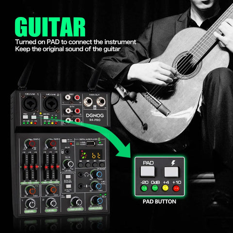 Guitarist using 4 Channel Audio Mixer With Dual Wireless Microphones Bluetooth MP3 USB Interface 48V Phantom Power Echo Equalizer Killer For Home Karaoke Parties DJ Sets And Studio Recording, highlighting pad feature.