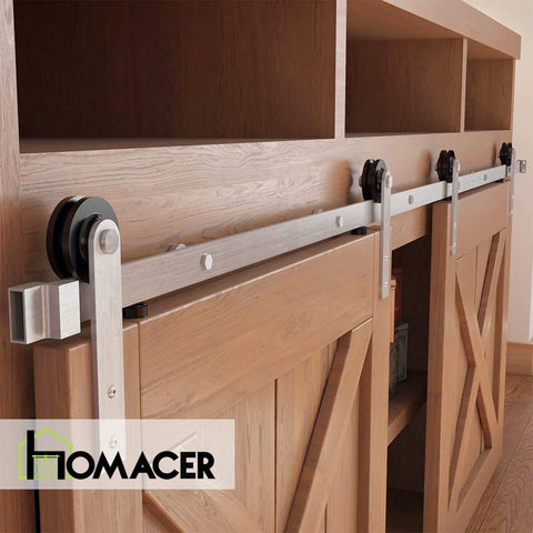Installed Mini Brushed Nickel Sliding Barn Door Hardware Kit for Two Doors with 54 Inch Flat Track and Straight Rollers