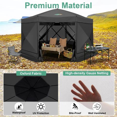 Pop Up Gazebo 15 By 15 Foot Canopy Tent With Sidewalls Screened In For Outdoor Parties And Camping, Easy No Tool Setup, Portable Backyard Shelter, Fits 12 To 15 People, Black, shown in a scenic outdoor setting with picnic setup.