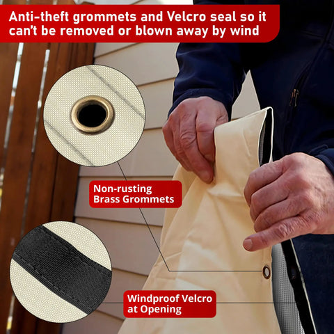 Close-up of Cold Snap Backflow Preventer Insulation Cover with brass grommets and Velcro seal, 16W x 20H, beige material.