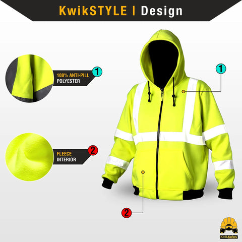 Men's Reflective Safety Jacket Fleece Hoodie Yellow High Visibility Class 3 ANSI OSHA Compliant with anti-pill polyester
