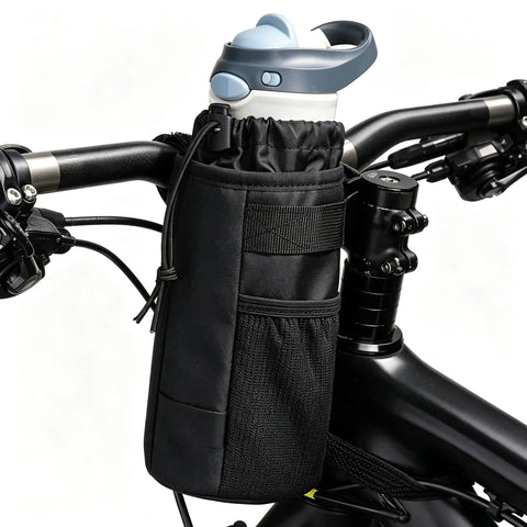 Rock Solid Insulated Bike Cup Holder For Epic E-Bike Offroad MTB Rides Keeps Your Drink Ice Cold Or Scalding Hot With Thick Foam Protection During Wild Adventures And Camp Tours Leak Proof Gear mounted on black bike handlebars