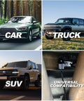 Car, truck, and SUV with "Universal Compatibility" text showcasing versatility of 3 Inch Exhaust Hanger Kit 12 Piece With 360 Degree Swivel Clamps.