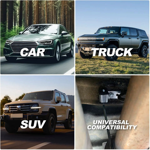Car, truck, and SUV with "Universal Compatibility" text showcasing versatility of 3 Inch Exhaust Hanger Kit 12 Piece With 360 Degree Swivel Clamps.