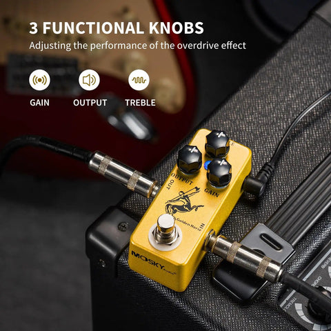 Close-up of Golden Horse Overdrive Tone Pedal For Electric Guitar With True Bypass Two Voice Modes on amplifier.
