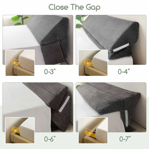 King Size Wedge Pillow for Headboard Gap Filler and Bed Gap Sealer, Adjustable Wedge for Head and Neck Support, Multi Functional Gap Blocker for Bed, Sofa, or Wall Gaps, Seals 0 to 7 Inch Gap, Gray 76 by 11 by 9 Inches showing 0-7 inch gap fit