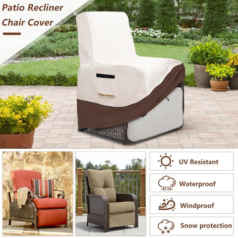 Heavy Duty Waterproof Outdoor Recliner Chair Cover For Patio And Lawn Fits Up To Thirty One Point Five Inch Deep 31 Inch Wide 41 Inch High 600D Oxford Tough As Nails Tear Resistant Weatherproof Beige And Brown