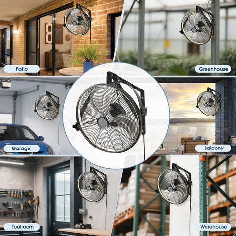 20 Inch Wall Mount Fan With Lights And Dimmable Illumination, 6 Speed High Velocity, 360 Degree Tilt in various outdoor settings