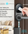 Keyless Entry Smart Lock With Fingerprint And Keypad Access For Front Door Handle In Black shown on a brown door with fob unlocking