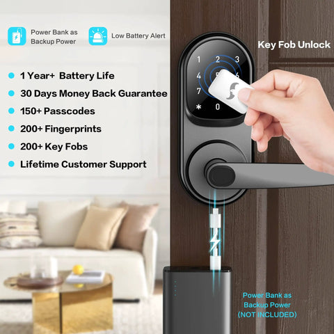 Keyless Entry Smart Lock With Fingerprint And Keypad Access For Front Door Handle In Black shown on a brown door with fob unlocking