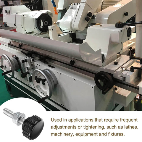 Beefy 8 Sets Knurled Knobs Thumb Screws With Nuts And Washers, M5 x 20mm, attached to a lathe, showcasing installation use