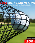 Close-up of golf ball caught in 5-ply anti-tear netting from 10x7Ft Golf Net With Turf Mat And Noise Free Target For Backyard, Garage, And Terrace