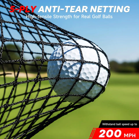 Close-up of golf ball caught in 5-ply anti-tear netting from 10x7Ft Golf Net With Turf Mat And Noise Free Target For Backyard, Garage, And Terrace