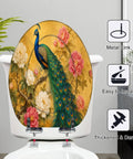 Elongated Peacock Flowing Tail Feathers Peonies Vintage Golden Toilet Seat on toilet, showcasing floral design and metal link.
