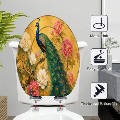 Elongated Peacock Flowing Tail Feathers Peonies Vintage Golden Toilet Seat on toilet, showcasing floral design and metal link.