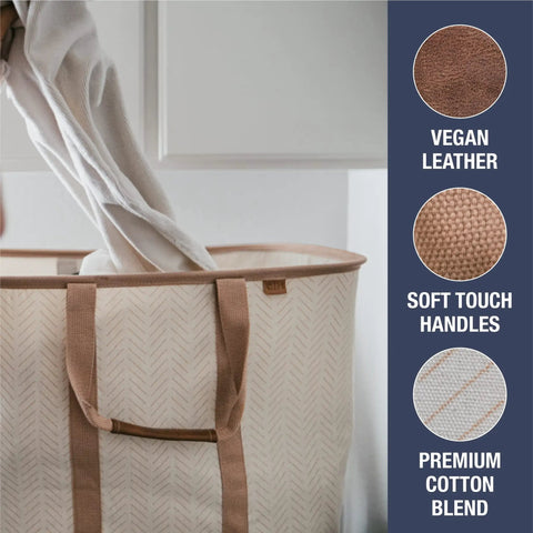 Collapsible Laundry Tote Two Pack 50L Foldable Carry All For Laundry Car Trunk RV Dorm And Home Organization Luxe Cotton Blend With Vegan Leather Accents Cream, showing handles and fabric details.