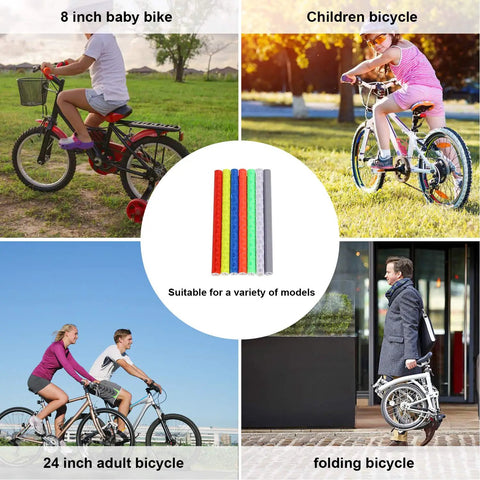 Colorful Reflective Spoke Wraps Kit For Bikes 84 Pieces 7 Sets Easy Install No Trim Wheel Spokes Skins Reflectors on various bicycles.