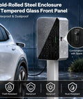 Tough as Nails EV Charger Enclosure Outdoor Pedestal with cold-rolled steel and tempered glass, secured with a combo lock.