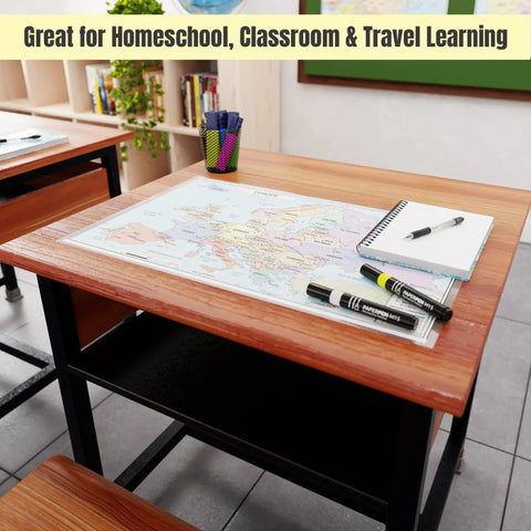 Europe Map 11x17 Laminated Dry Erase Chart on classroom desk with notebook and markers, double-sided with color and blank sides.