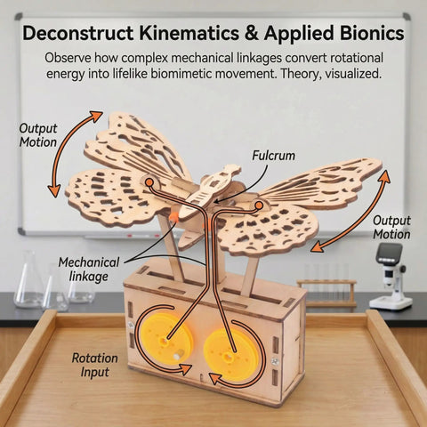 DIY Wooden Butterfly Gear Kit For STEM Learning And Physics Teaching on classroom table with labeled parts diagram.