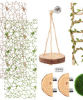 Premium Seven Piece Jumping Spider Habitat Decor Kit Featuring Natural Wood Platforms, hemp rope swing, netting panels, and accessories.