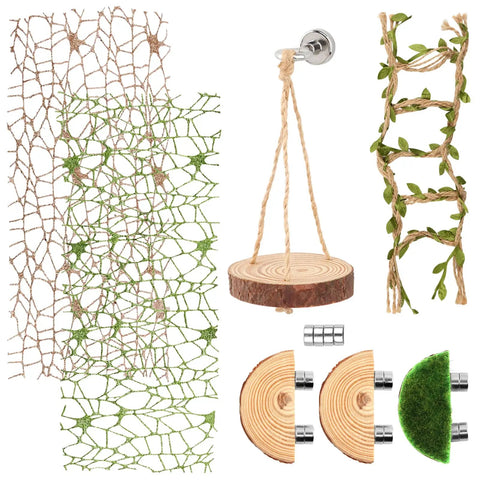 Premium Seven Piece Jumping Spider Habitat Decor Kit Featuring Natural Wood Platforms, hemp rope swing, netting panels, and accessories.