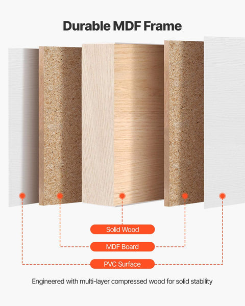 Cross-section of space saving sliding closet doors kit for 60 inch opening, showing solid wood, MDF board, and PVC surface layers