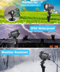 Outdoor Laser Christmas Lights Projector with RGB Moving Firefly Effects in various weather conditions, waterproof design