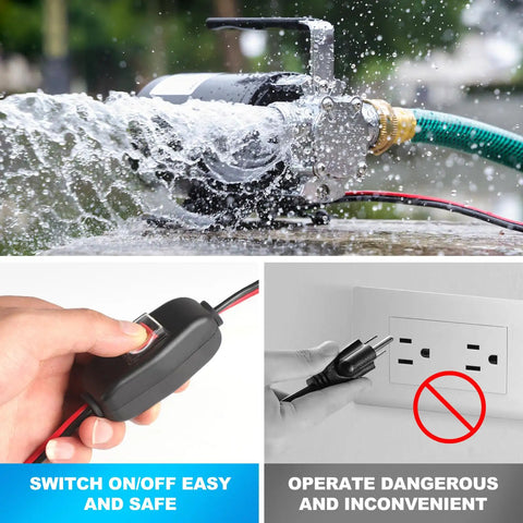 12V Portable Water Transfer Pump 330 GPH High Flow With On Off Switch One Tenth HP Electric Utility Pump Kit shown with two 6 ft hoses