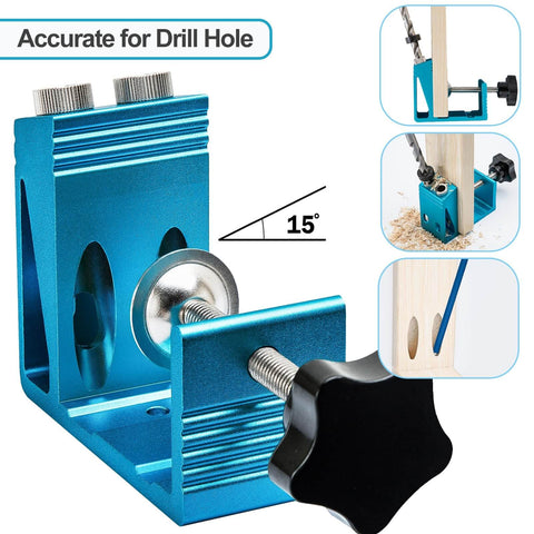 Complete Pocket Hole Jig Kit With Drill Guide For 15 Degree Angled Holes, adjustable for flush joints shown in close-up