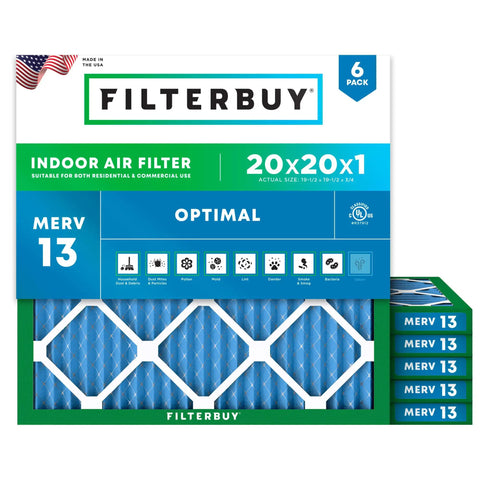 20x20x1 MERV 13 Pleated Air Filter For Smoke And Allergen Defense Electrostatic Replacement For HVAC Systems Six Pack