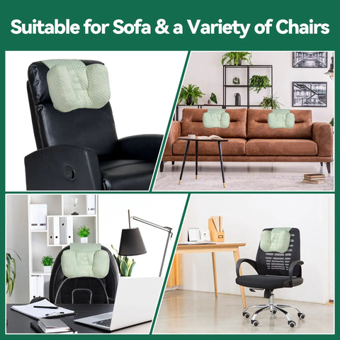 Recliner Neck Pillow With Pocket For Side Sleepers displayed on recliner, sofa, office chair, and desk chair in home settings.