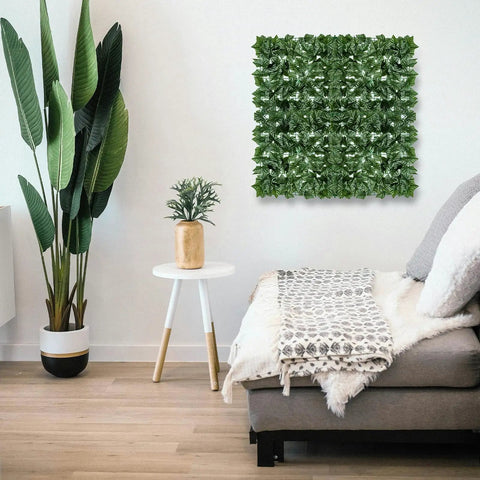 Realistic Fake Ivy Privacy Fence Screen 40x120 Inches for indoor decoration, UV resistant PE ivy hedge on a living room wall.